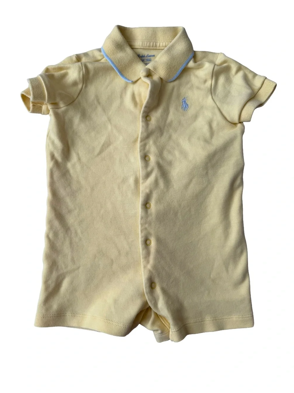 Ralph Lauren Pastel Light Yellow Polo Snap Romper with Blue Trim